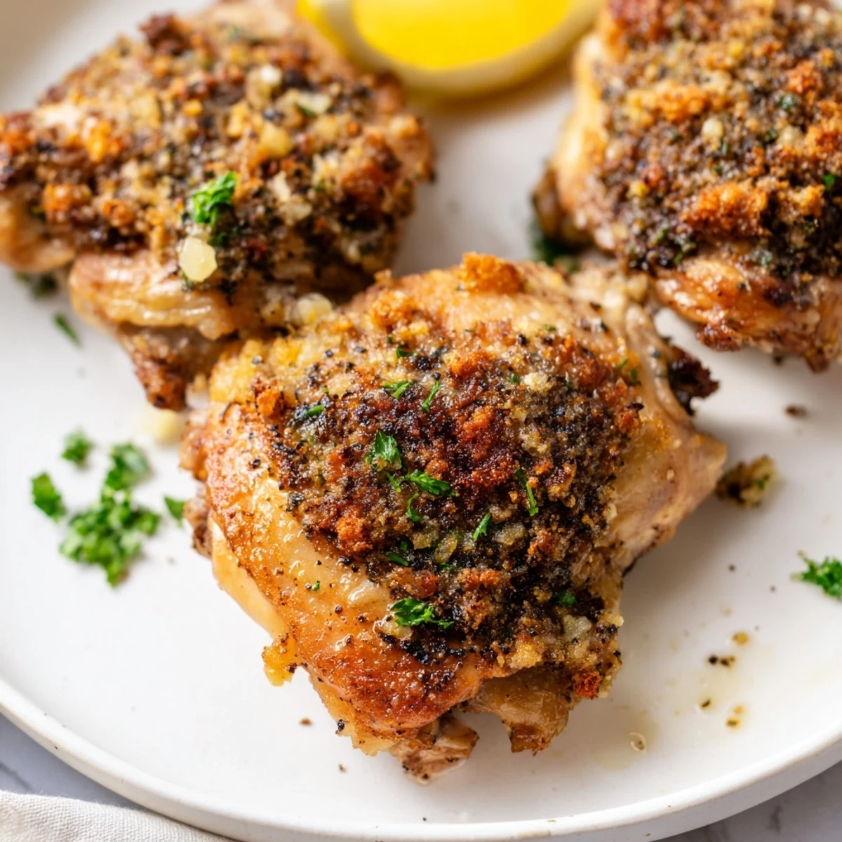 Close-up of succulent Crispy Garlic Chicken Thighs showcasing a perfectly golden, crispy skin and juicy interior.