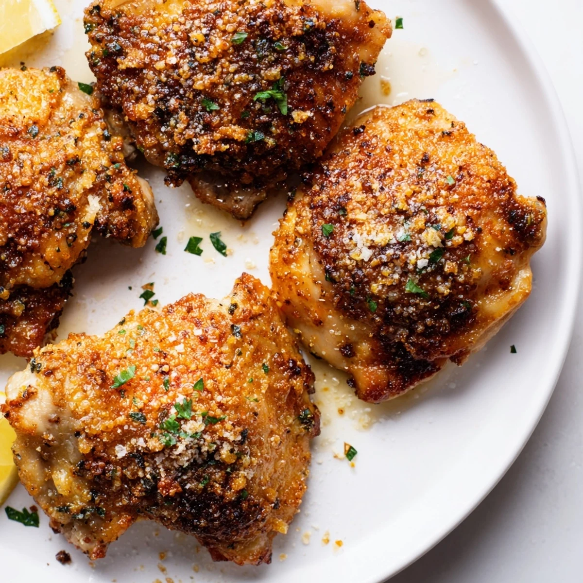 Deliciously savory Crispy Garlic Chicken Thighs, served with fresh parsley and lemon, ideal for dinner.