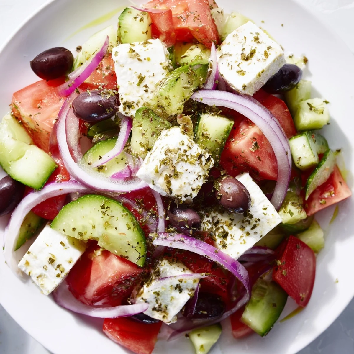A beautiful, fresh Mediterranean salad with bright colors, dressed and ready to serve today.