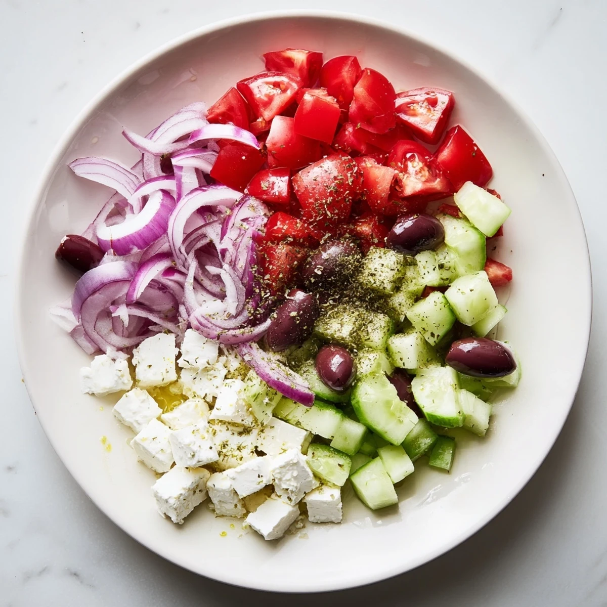 Close-up of a delightful Mediterranean salad, perfect as a vegetarian dish or side.
