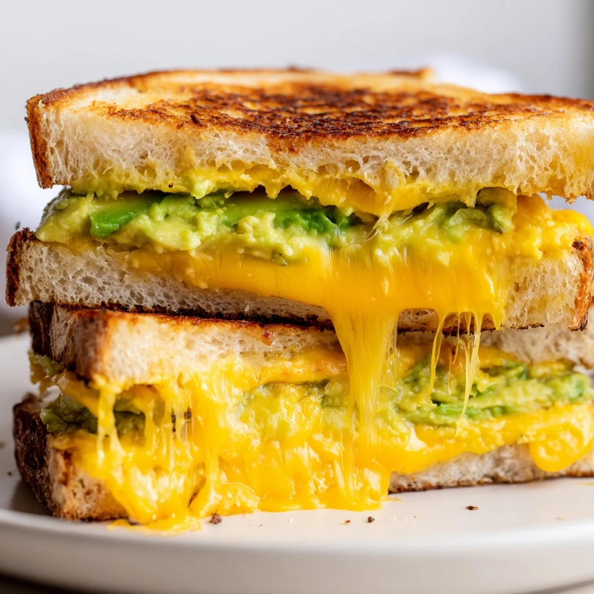 A close-up shot of the avocado toast grilled cheese, showcasing the gooey cheese pull and toasted bread.