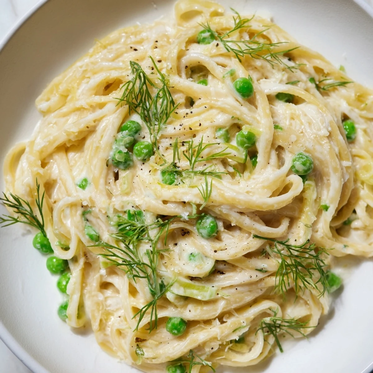 A beautiful, close-up shot of creamy dill pasta, ready to enjoy with a burst of lemon.