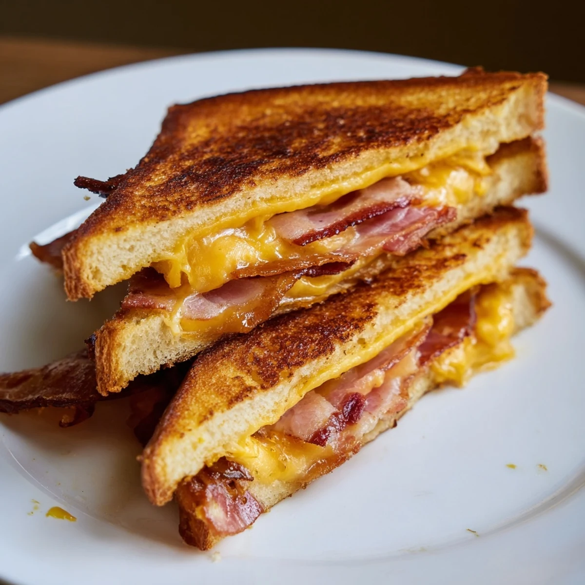 Golden, melty Crispy Bacon Cheddar Grilled Cheese oozing with cheese and crispy bacon, ready to savor.