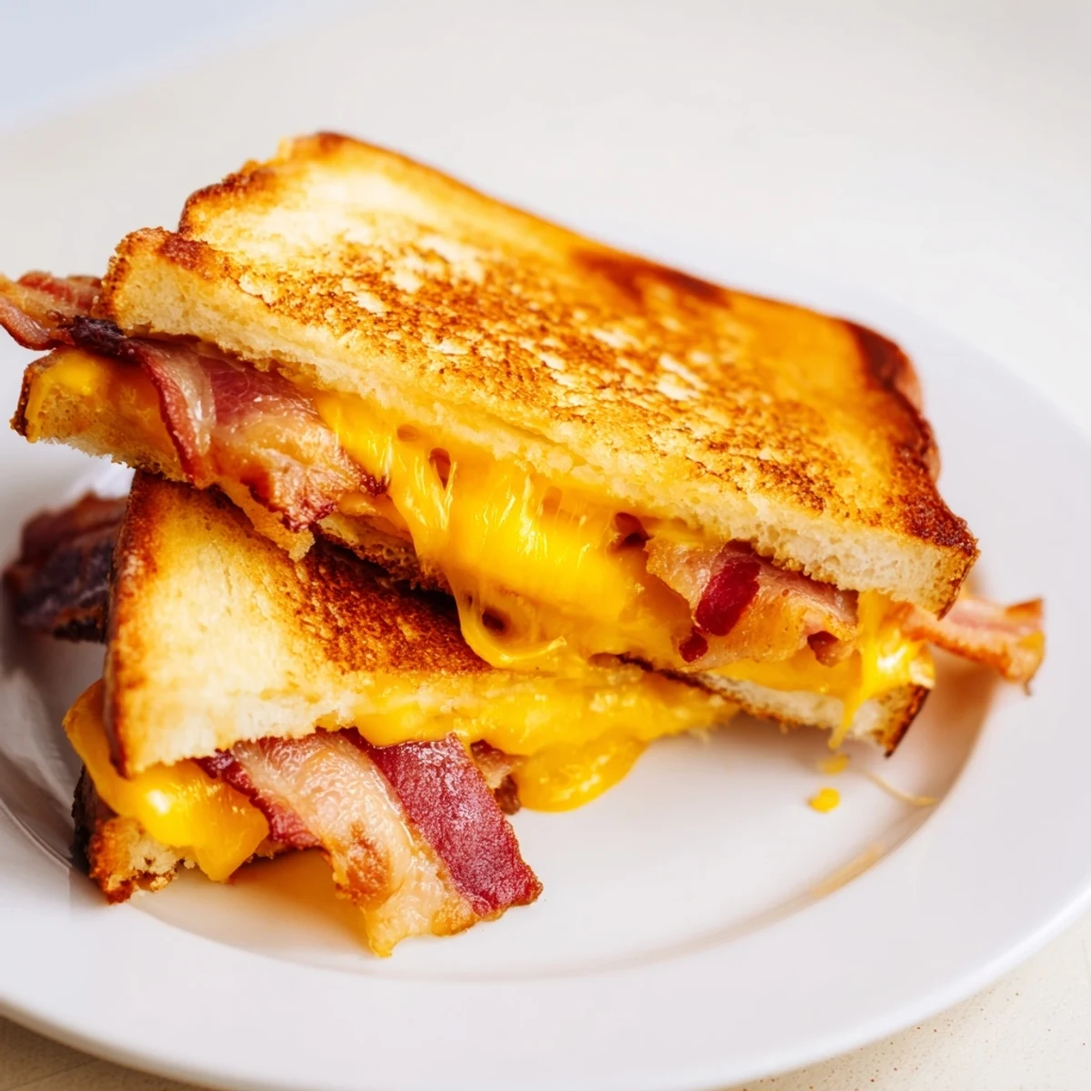 A close-up of a perfectly cooked Crispy Bacon Cheddar Grilled Cheese, showing layers of cheesy goodness.
