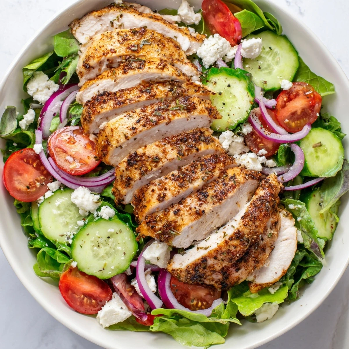 Freshly made quick pan-seared chicken salad with juicy chicken resting on a bed of fresh, colorful vegetables.