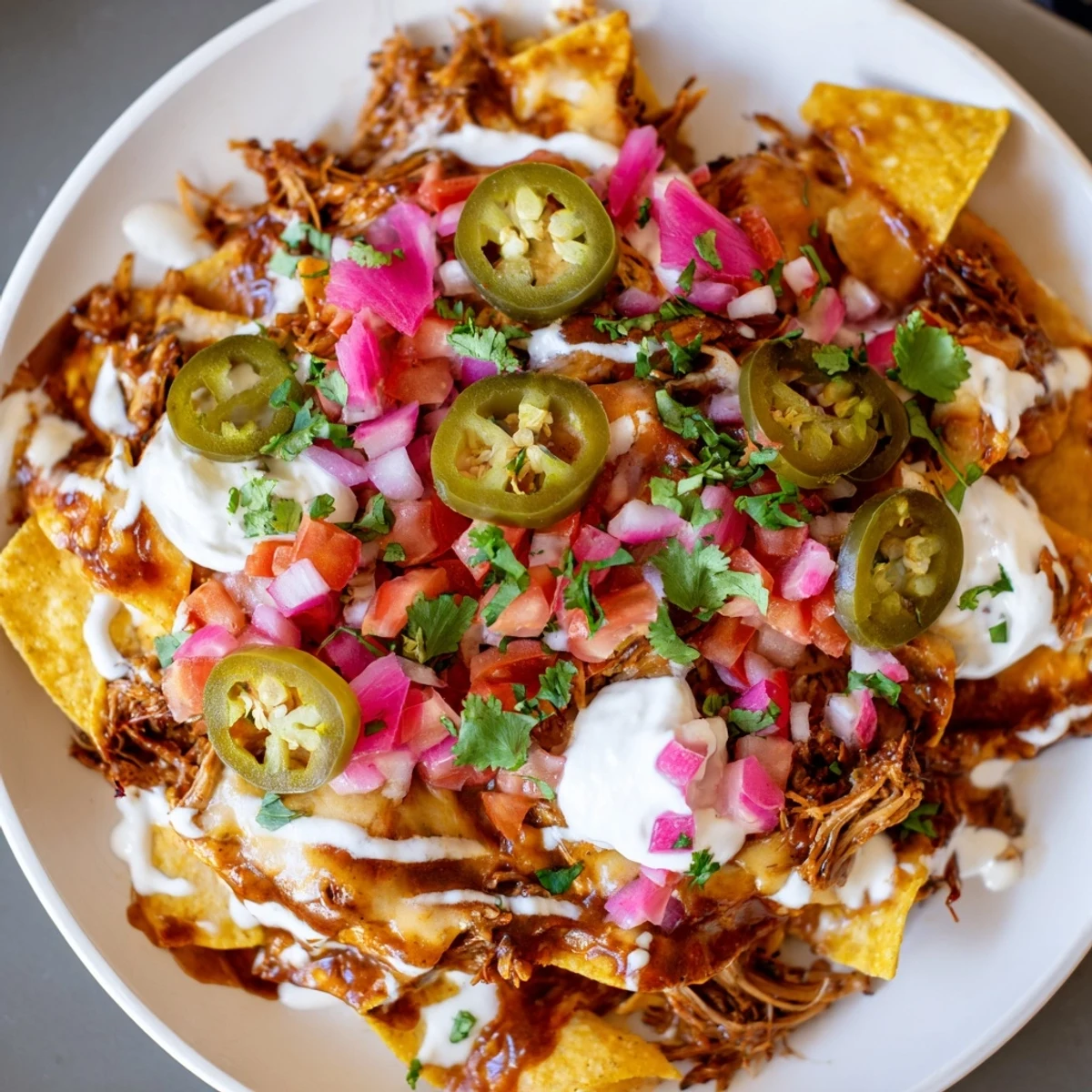 Golden tortilla chips piled high with savory pulled pork on delicious loaded nachos.