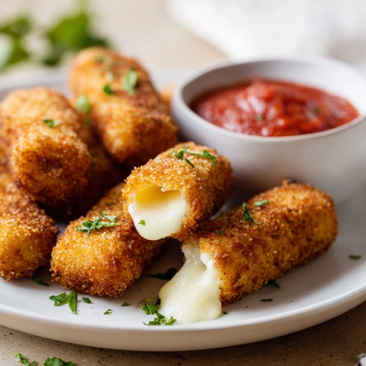 Golden-brown air fryer mozzarella sticks, perfect with warm marinara, a satisfying, cheesy appetizer.
