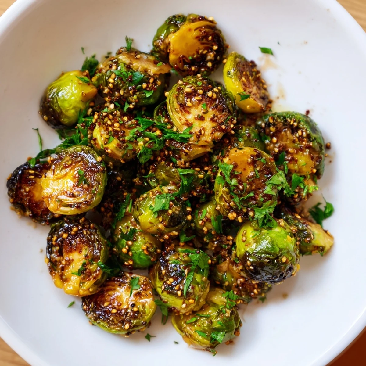 Golden-brown Honey Mustard Glazed Brussels Sprouts sit ready to serve, glistening with a sweet, savory glaze.