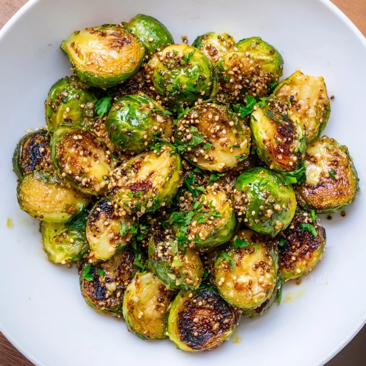 Perfectly roasted Honey Mustard Glazed Brussels Sprouts offering a sweet and tangy flavor, sprinkled with fresh parsley.