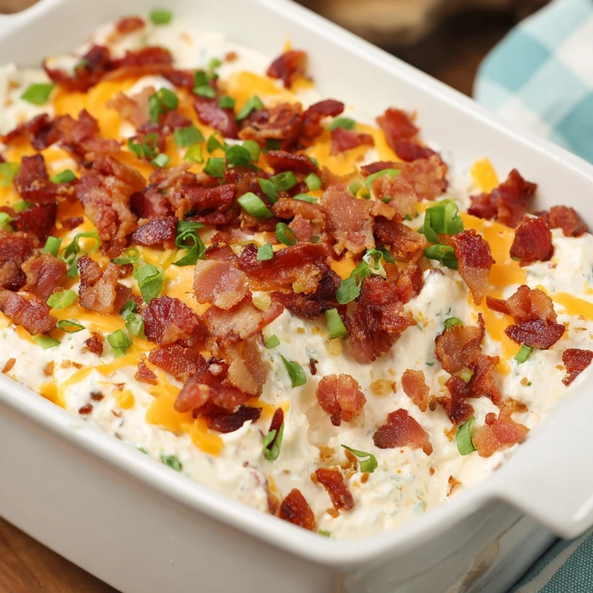 Warm, creamy Cheesy Bacon Ranch Dip, topped with crispy bacon bits, ready for dipping and sharing.