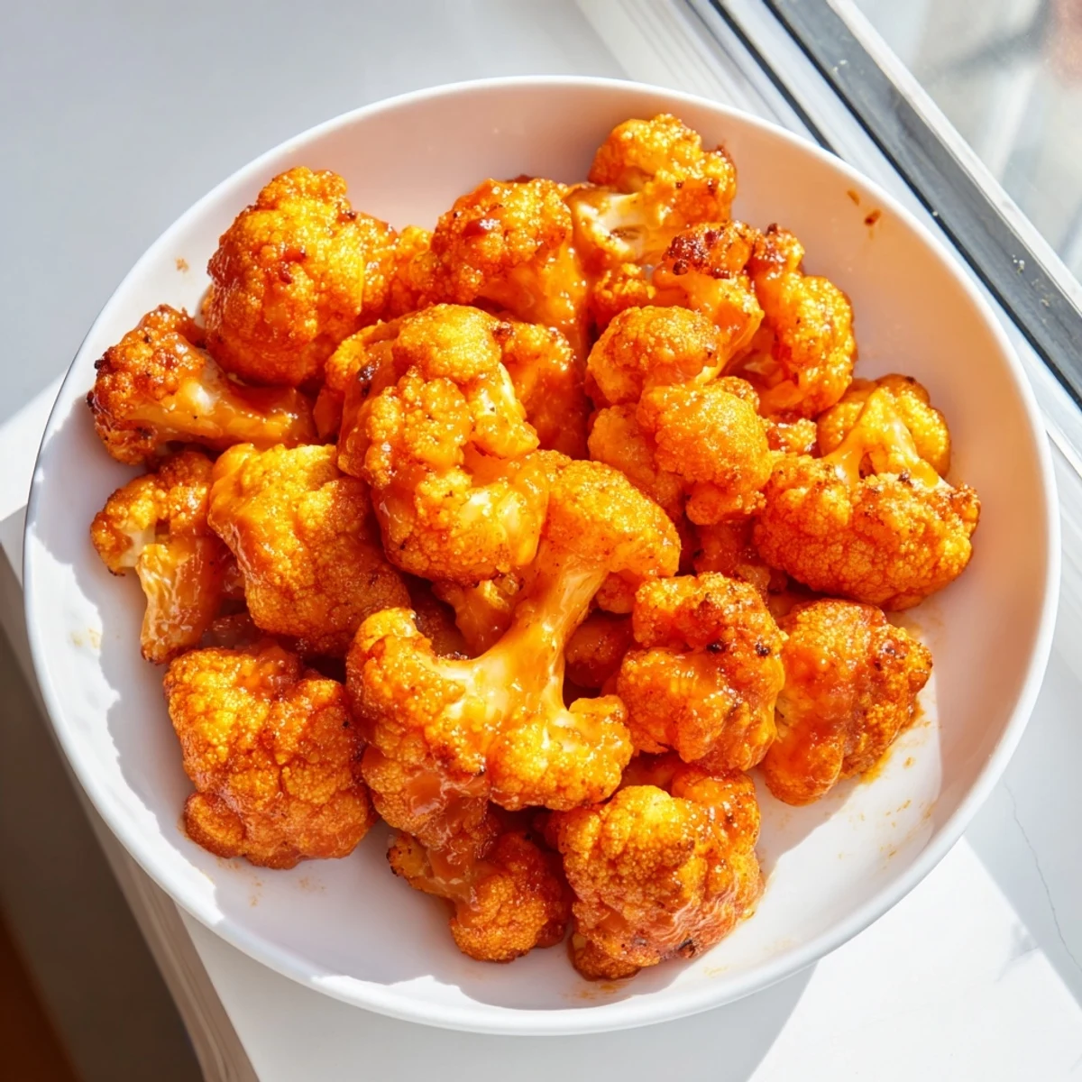 Golden, crispy Buffalo Cauliflower Bites, coated in spicy sauce, served with cool celery sticks.