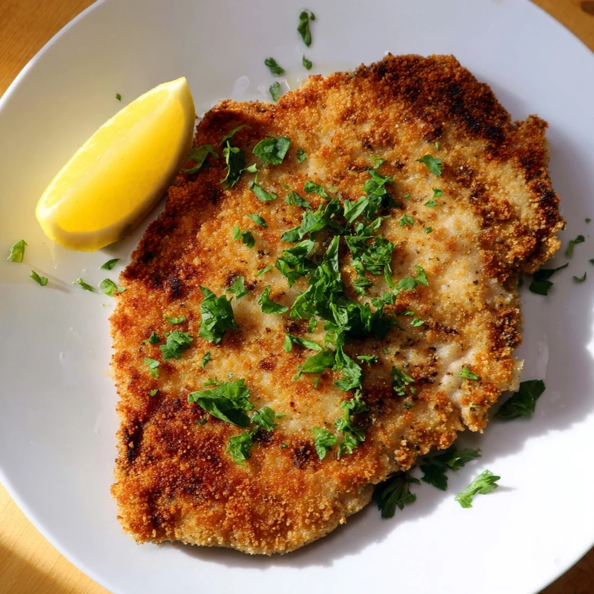 Golden-brown Austrian Wiener Schnitzel, perfectly fried and ready to be served with lemon wedges.