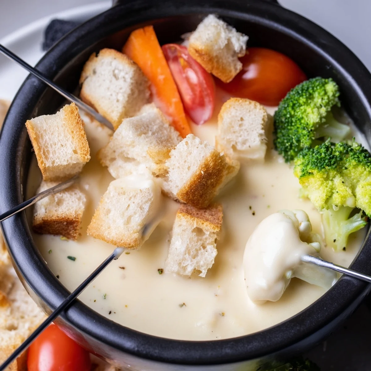 A pot of rich, melted Swiss Cheese Fondue, ready to share with family and friends at the table.