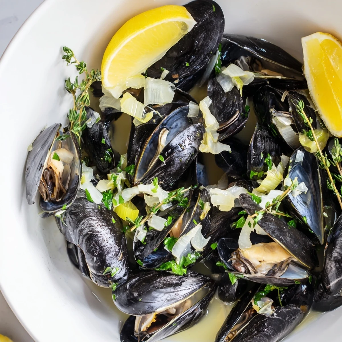 Steaming Belgian Moules Marinière with fresh herbs and wine creates a delicious, savory seafood main course.
