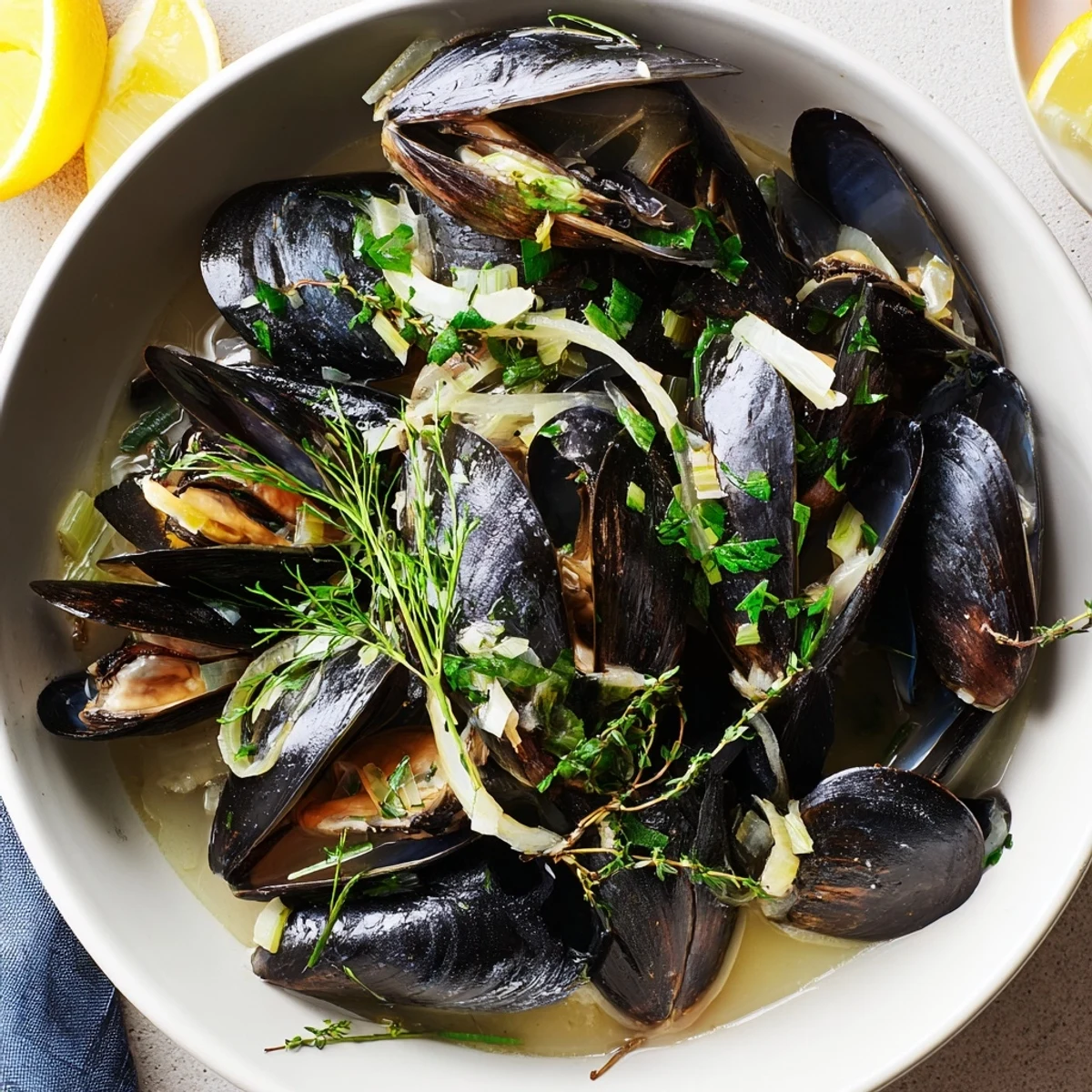Enjoy this comforting bowl of Belgian Moules Marinière, served with crusty bread and lemon wedges.