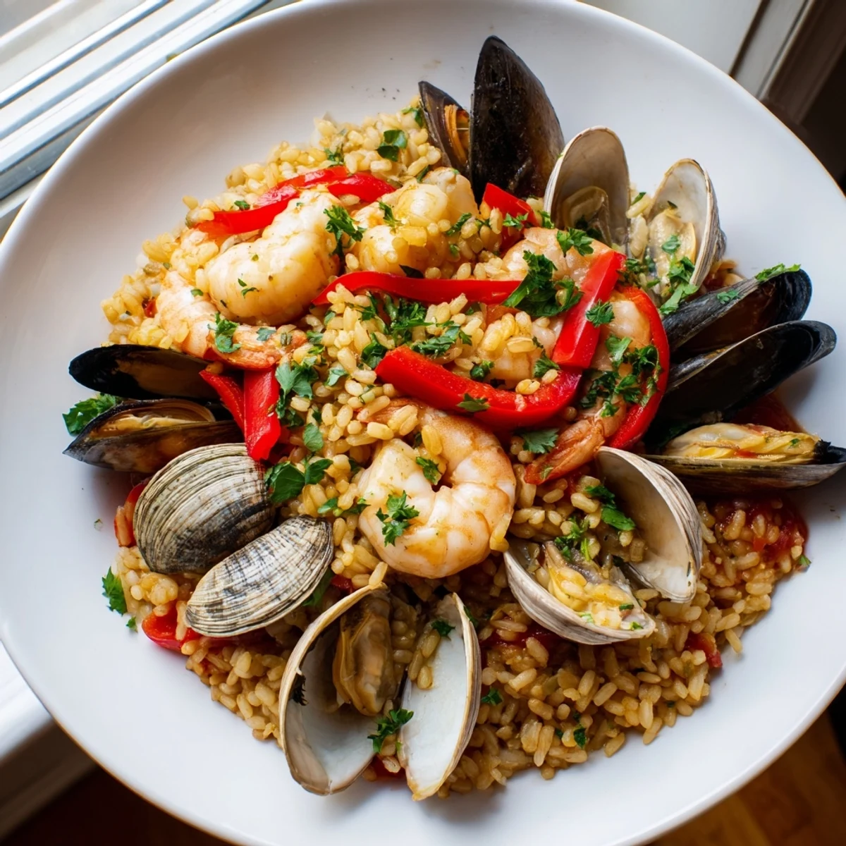 Steaming Spanish Seafood Paella with colorful bell peppers and plump shrimp, ready to serve this flavorful dish.