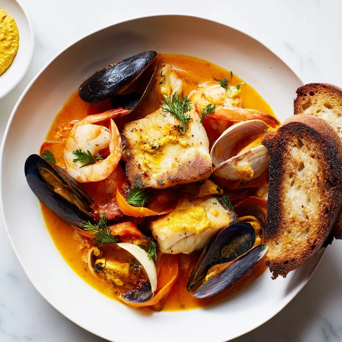 A close-up of a rustic bowl filled with bouillabaisse, highlighting the fresh seafood and rich broth.