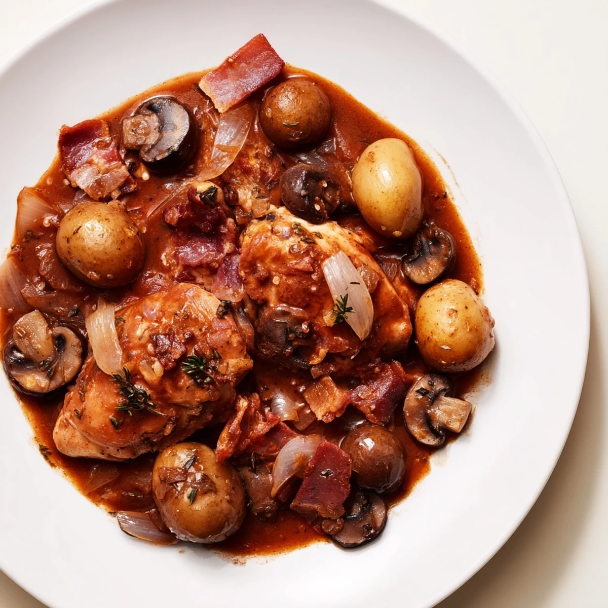 Slow-braised Coq au Vin: a rustic, flavorful dish where chicken simmers in red wine.