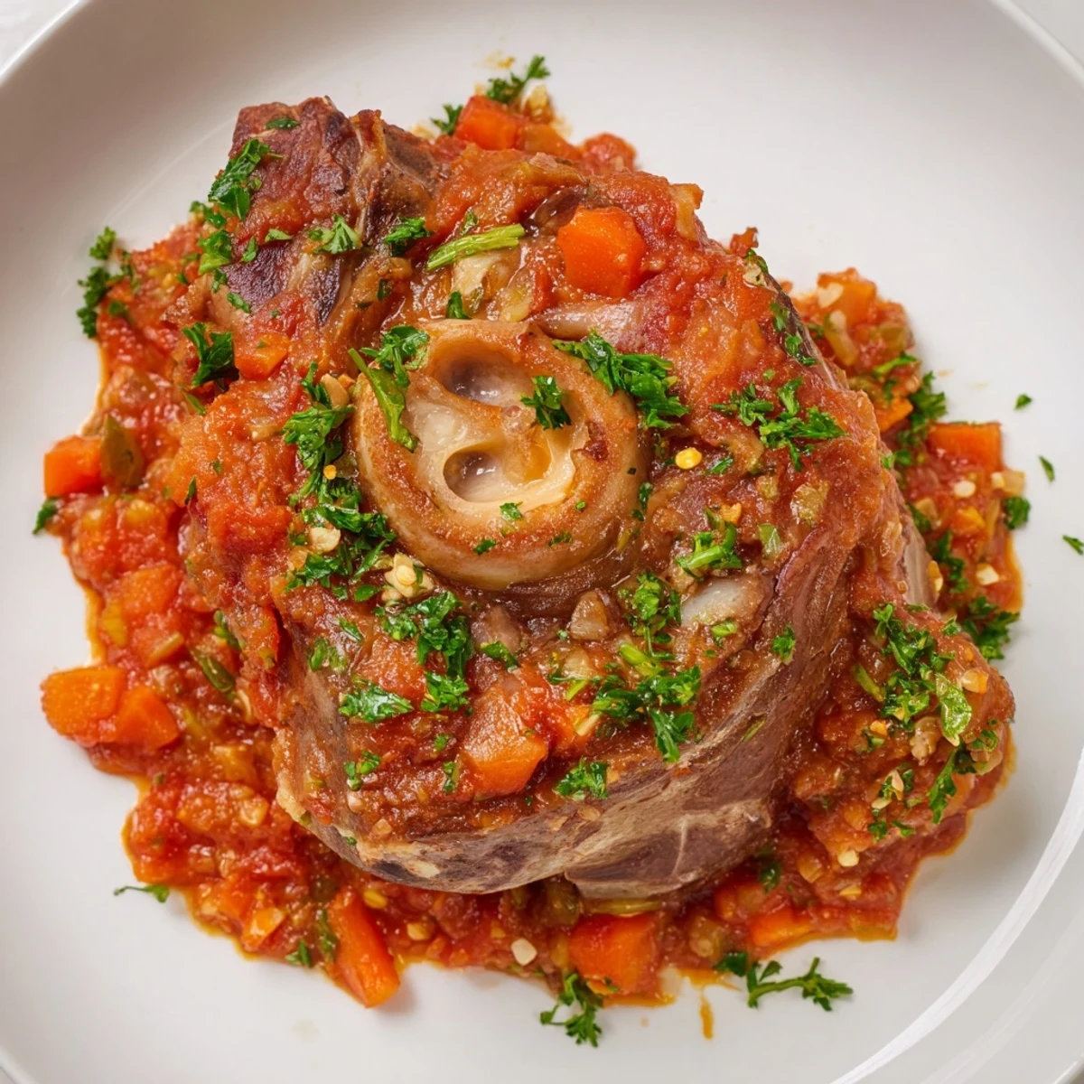 Tender Osso Buco served with vibrant gremolata, imagine the savory aroma and rich flavors.