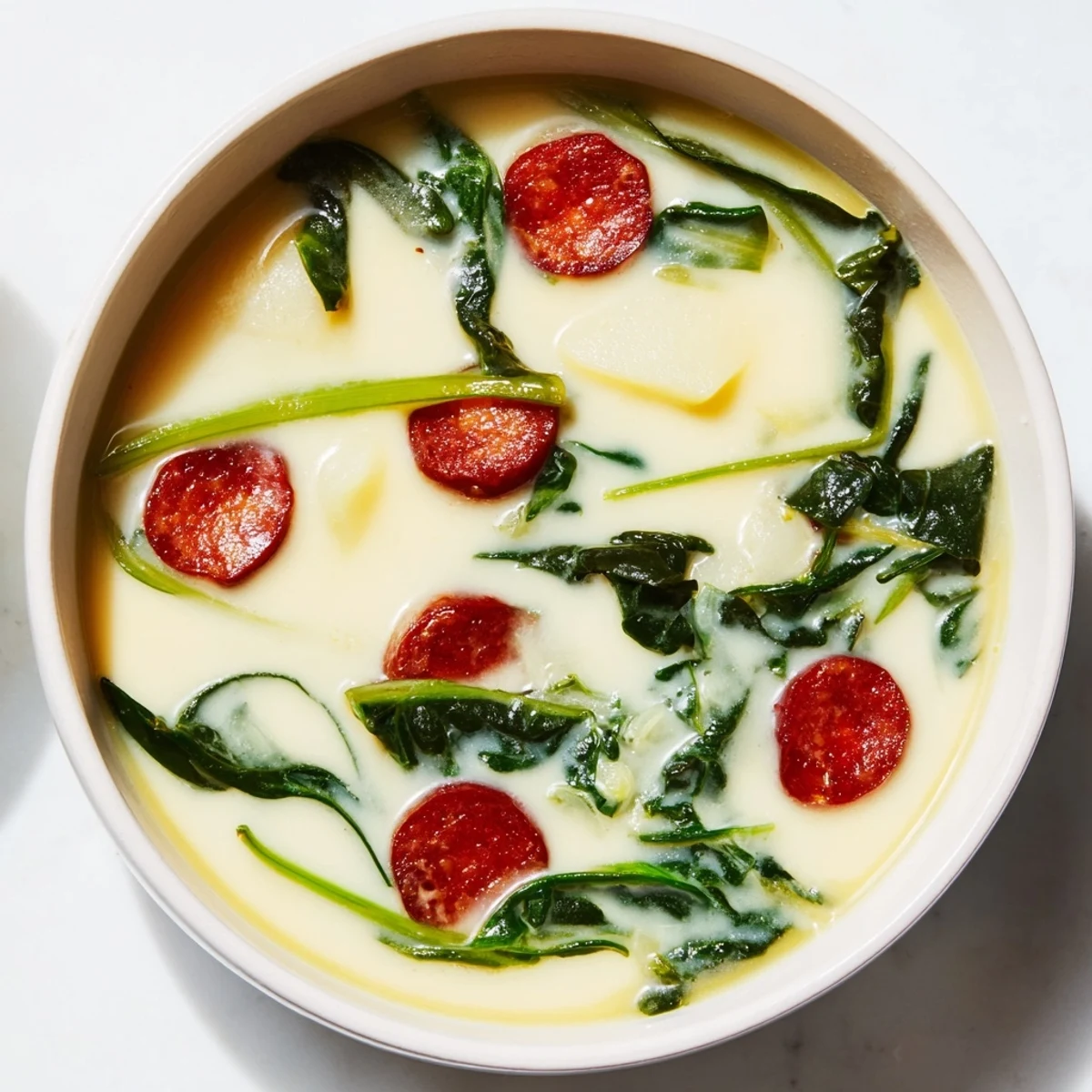 A close-up of Portuguese Caldo Verde, showcasing the creamy potato broth with tender greens and sausage.