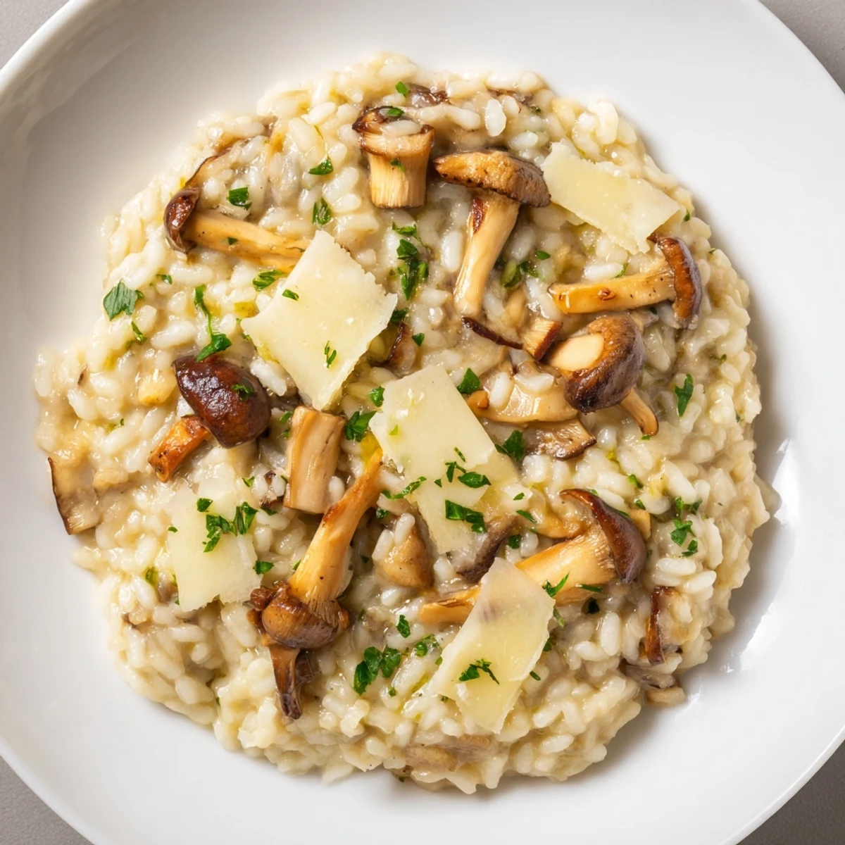 Creamy Italian Mushroom Risotto, garnished with fresh parsley and Parmesan, ready to serve as a comforting meal.