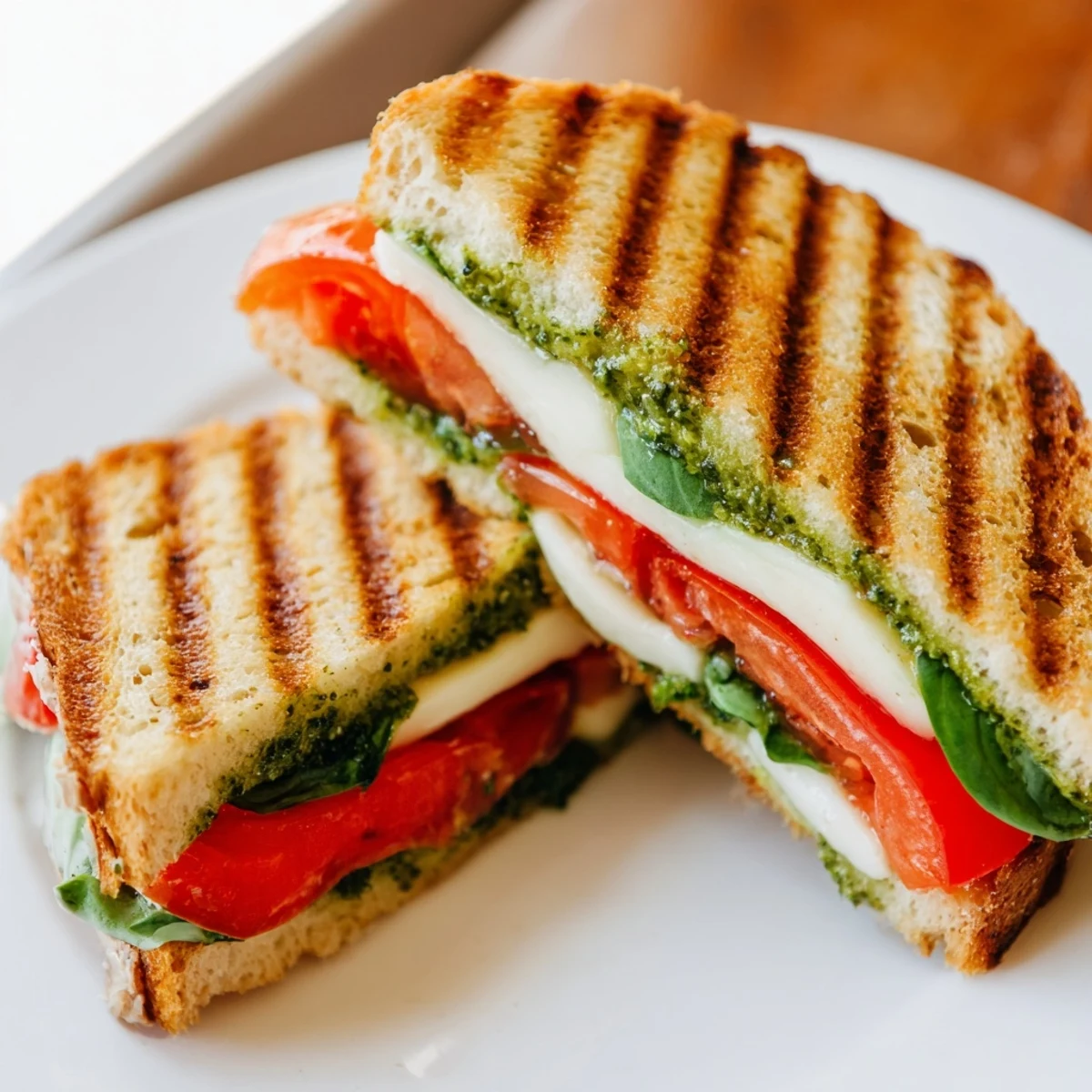 A plated BBQ Chicken Panini Press Innovations, featuring melted pepper jack, red onion, and smoky sauce on sourdough.