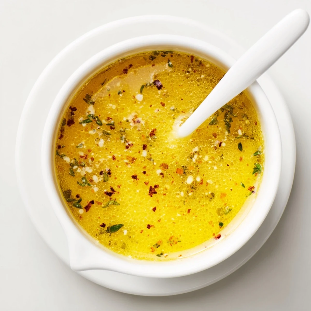 A close-up of warm Cowboy Butter Sauce in a white bowl, flecked with parsley, ready for dipping veggies or bread.