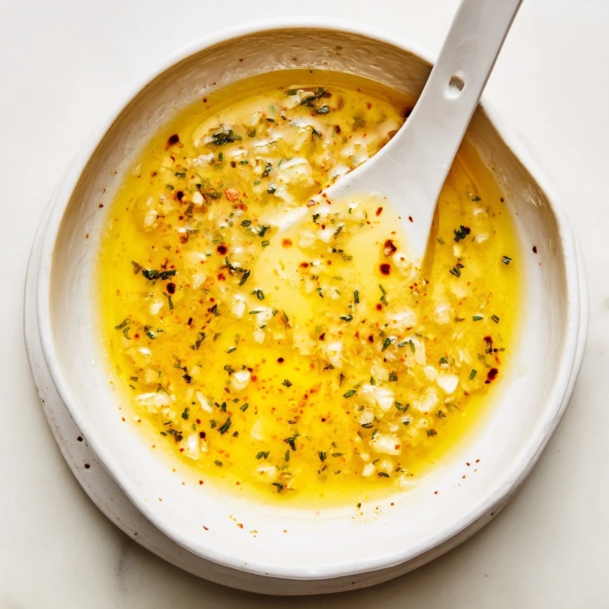 A glossy spoonful of Cowboy Butter Sauce, with specks of fresh herbs and lemon zest, drizzled over grilled steak.