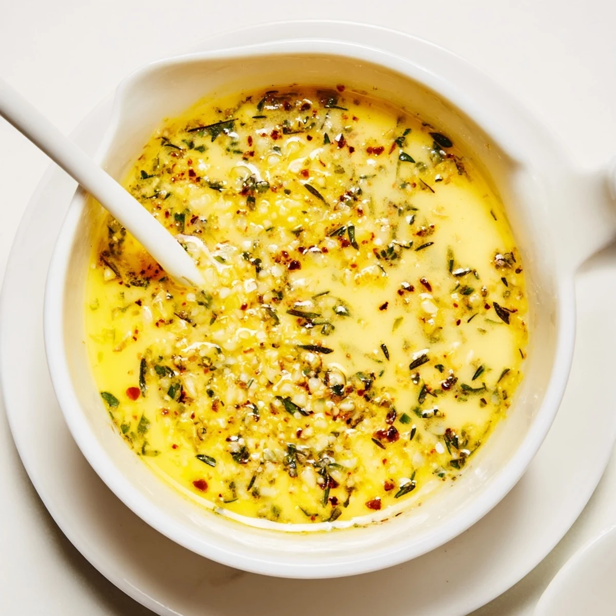 Golden Cowboy Butter Sauce in a small pan, featuring melted butter, garlic, and spices, perfect for sizzling seafood.