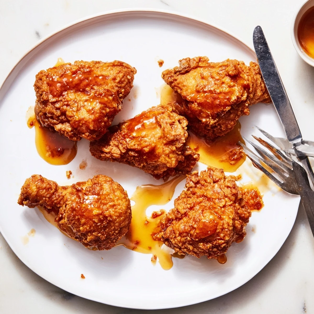 Crispy fried Hot Honey Butter Chicken thighs glistening with spicy butter sauce on a white platter, ready to serve.