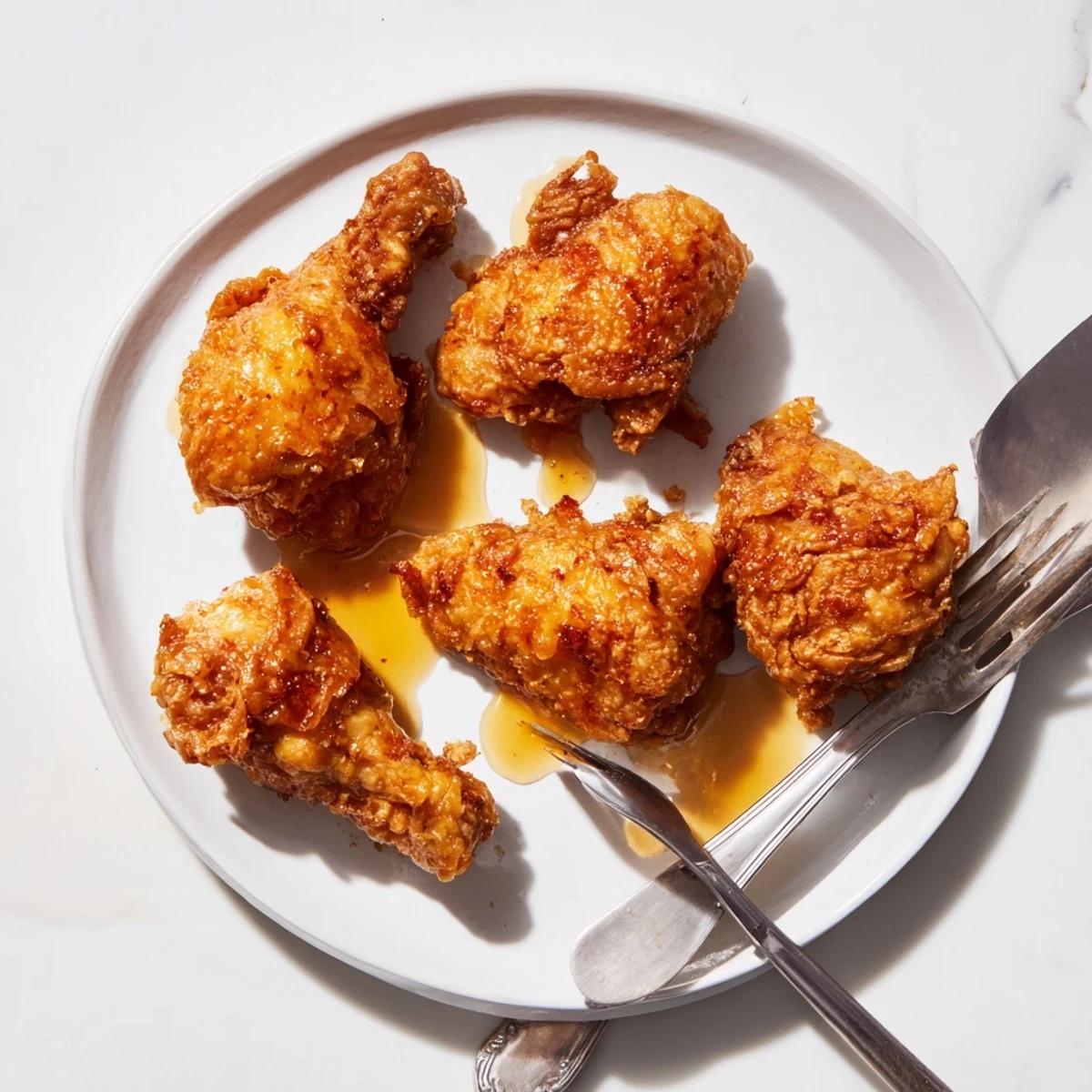 Juicy fried chicken coated in luscious hot honey butter sauce, paired with pickles and soft rolls for a Southern-style meal.