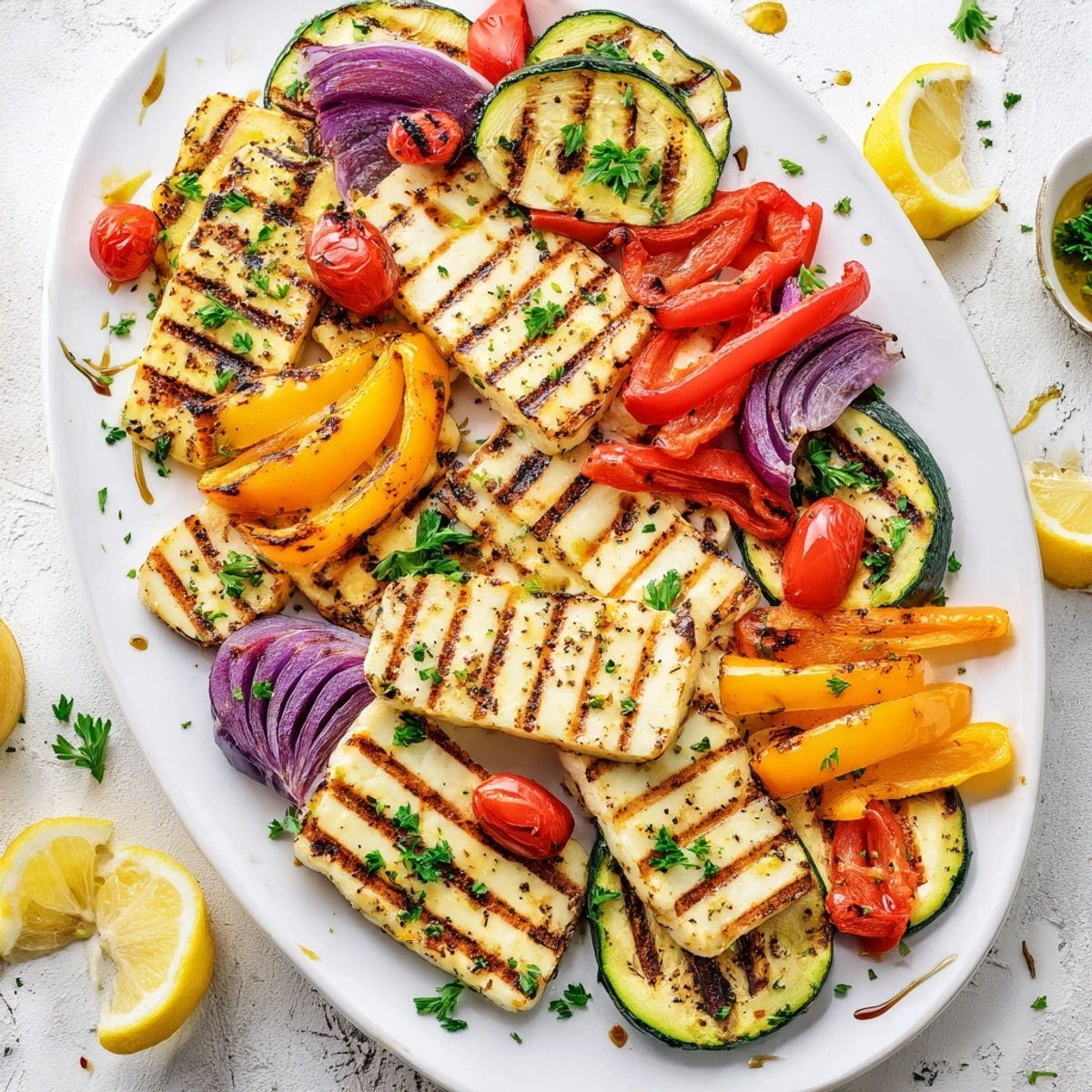 Thick slices of grilled halloumi cheese steak arranged with colorful vegetables, ready to be squeezed with lemon.