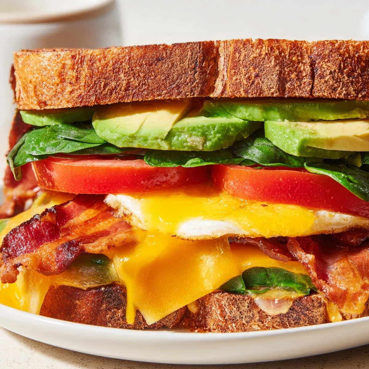 Warm, hearty Loaded Breakfast Sandwich featuring crispy bacon, melted cheese, ripe avocado slices, and a sunny-side-up egg on buttery toast.