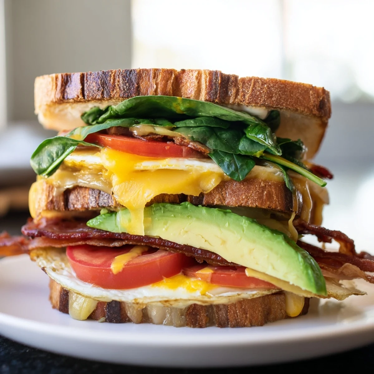 Golden toasted sourdough bread holds a Loaded Breakfast Sandwich with crispy bacon, sharp cheddar, creamy avocado, and a perfectly fried egg.
