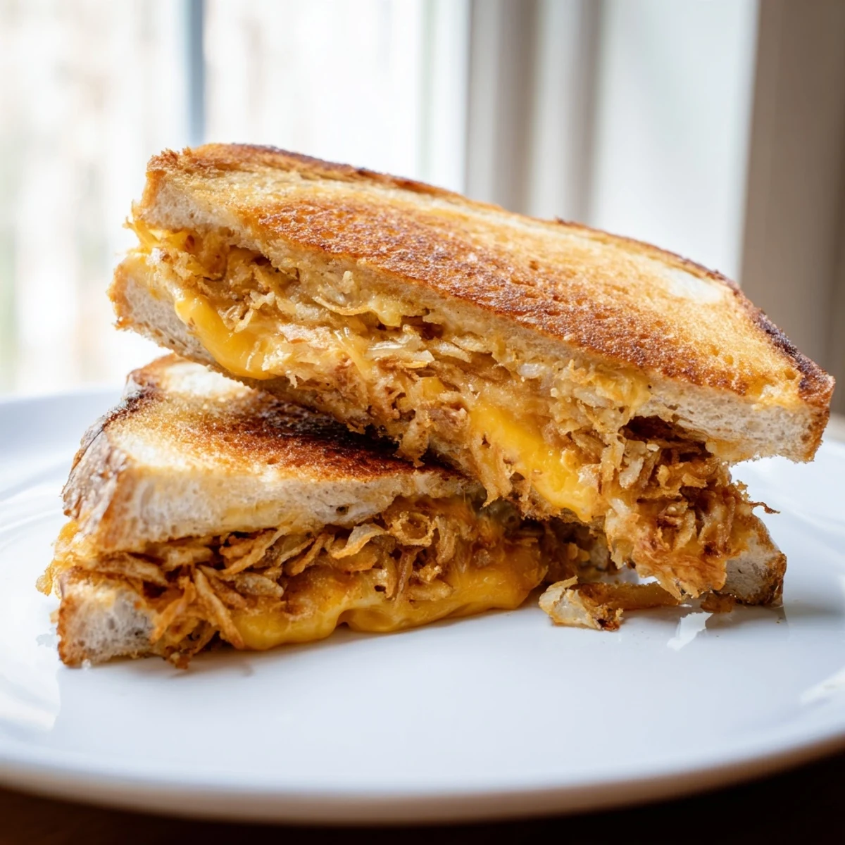 Buttery sourdough slices cradle layers of sharp cheddar and mozzarella with crispy onions for a comforting, melty Crispy Onion Grilled Cheese.