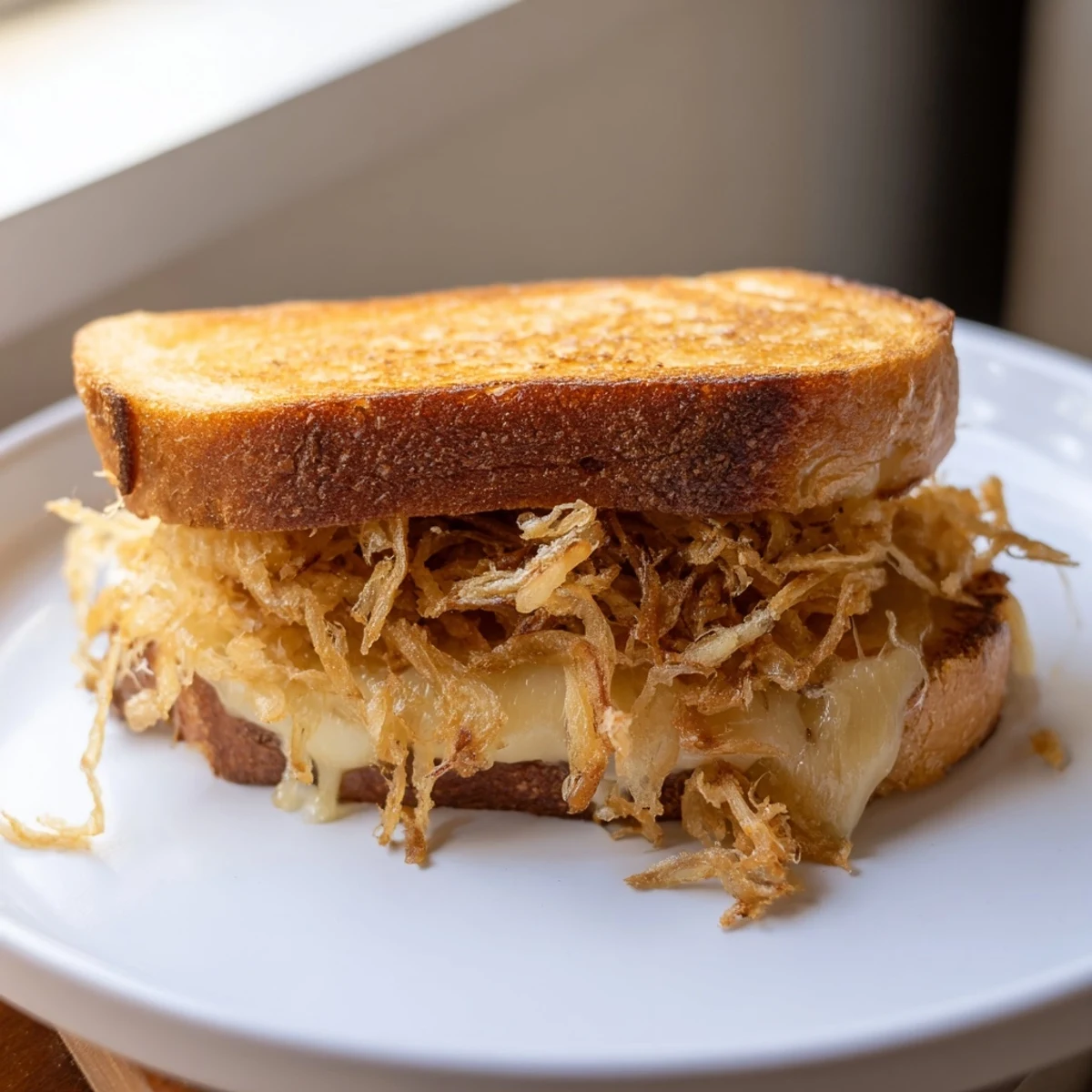 Freshly fried golden onions add a savory crunch to this Crispy Onion Grilled Cheese, served hot alongside a cozy bowl of tomato soup.