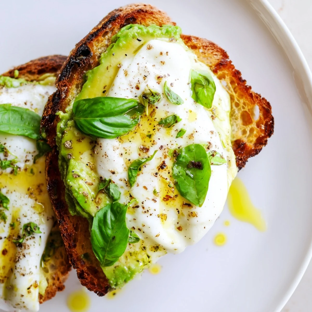 This vegetarian Avocado Mozzarella Tartine features melted cheese on crisp bread, garnished with fresh basil and olive oil.