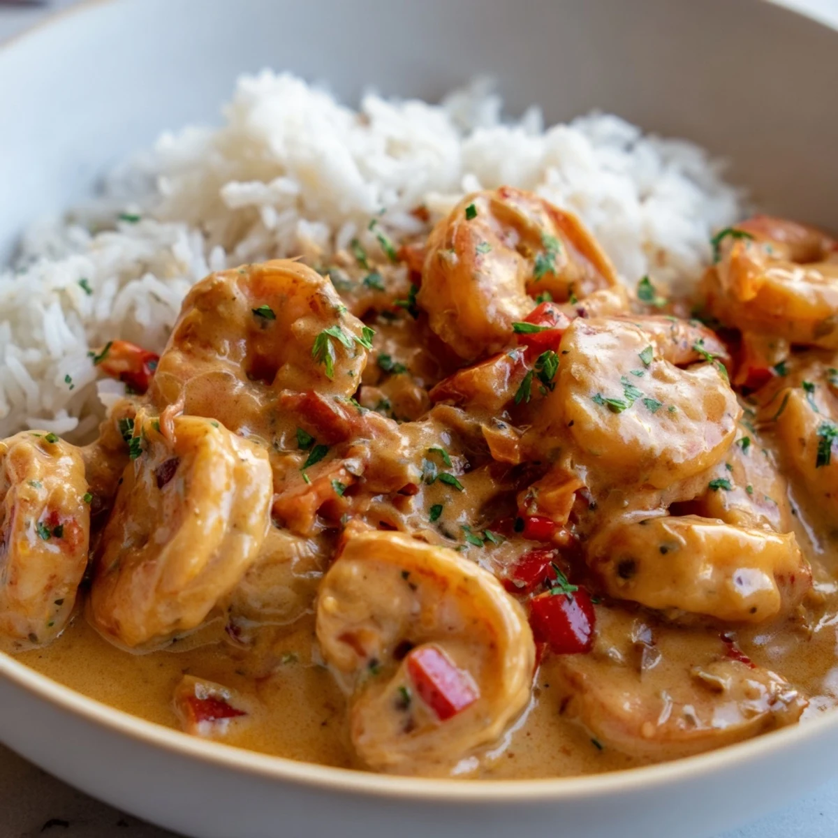 Freshly cooked Creamy Cajun Shrimp Rice Bowl featuring plump, pink shrimp tossed in a spicy cream sauce over steamed jasmine rice.