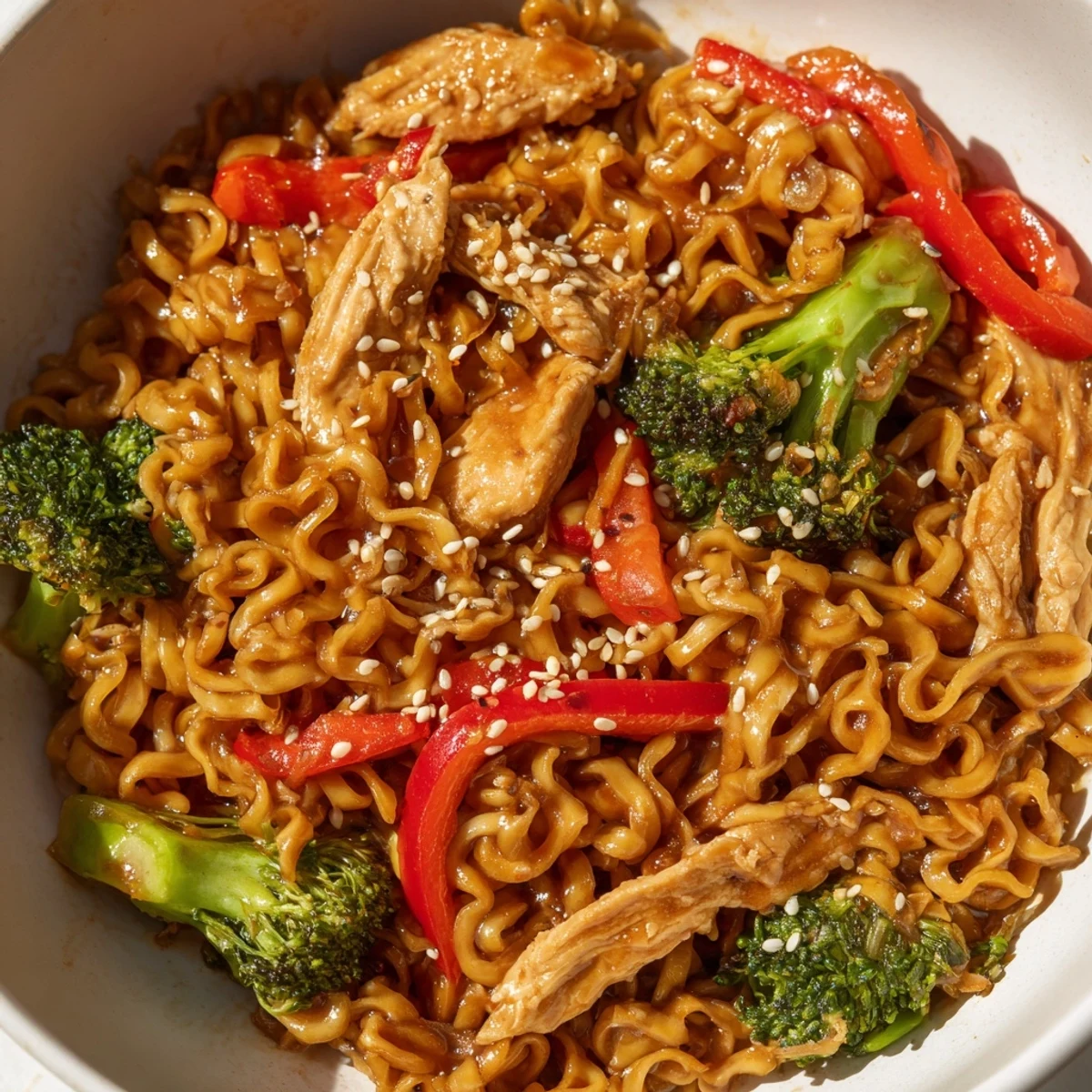 Steam rises from a sizzling pan of Spicy Ramen Stir-Fry, loaded with tender chicken, crisp broccoli, and vibrant red bell peppers.