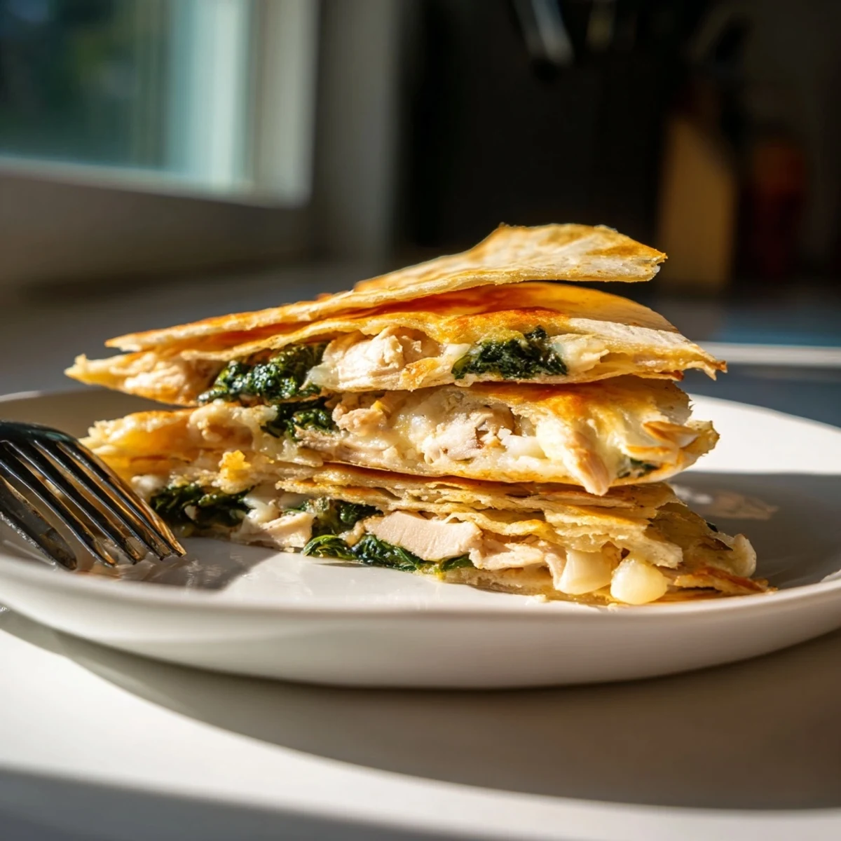 A close-up of a Chicken and Spinach Qesadilla showing melted mozzarella pulling away from the crispy, golden flour tortilla.