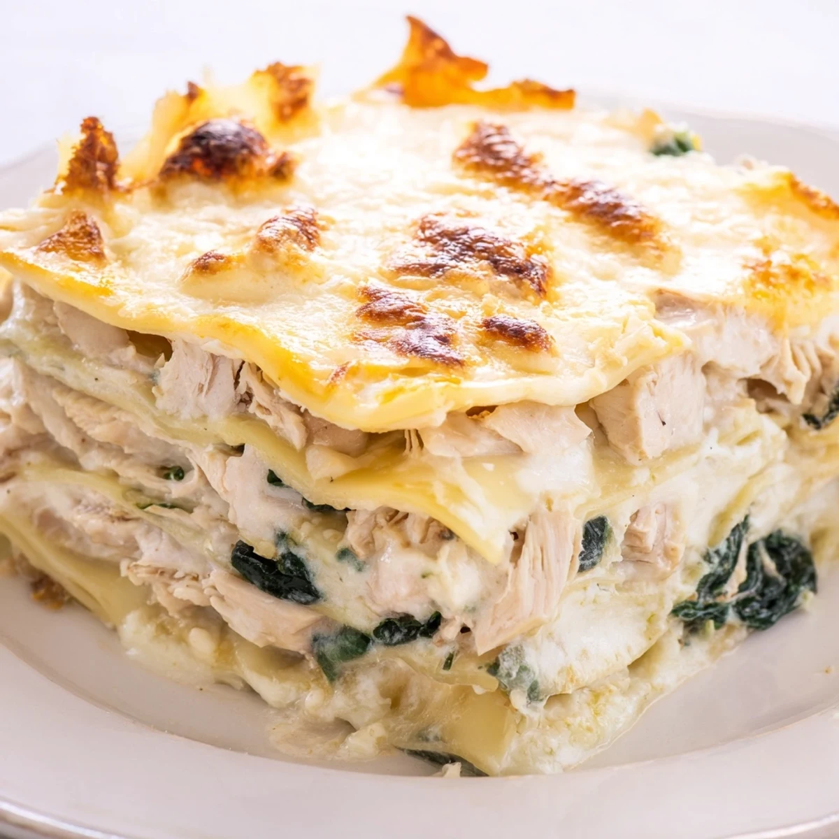 A hearty Chicken Alfredo Lasagna portion served with fresh parsley garnish on a white plate.