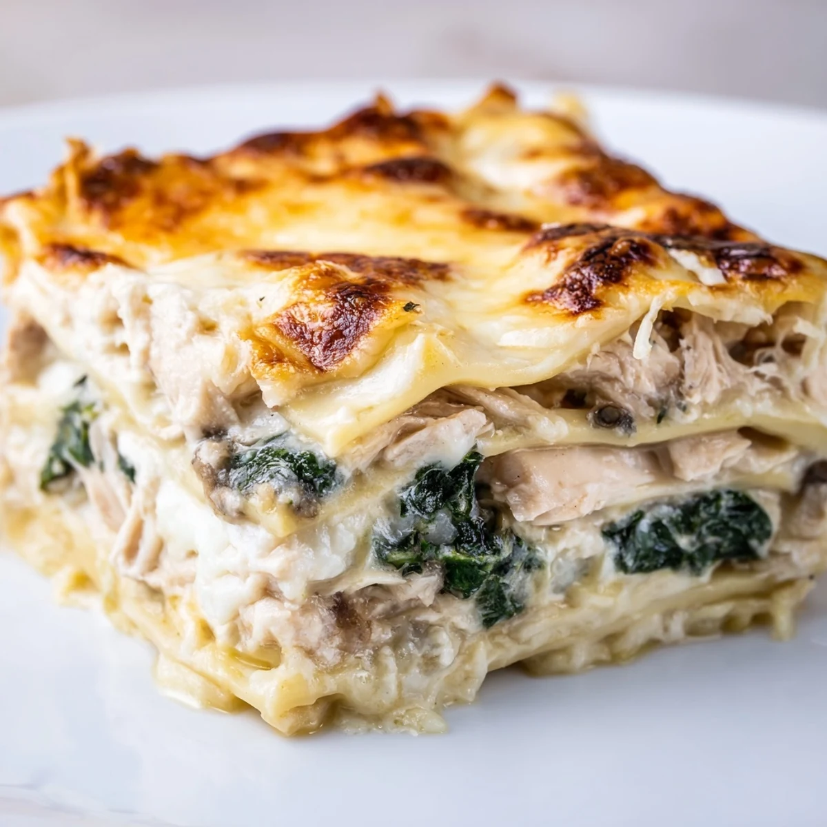 Freshly baked Chicken Alfredo Lasagna straight from the oven with bubbly cheese and golden edges.