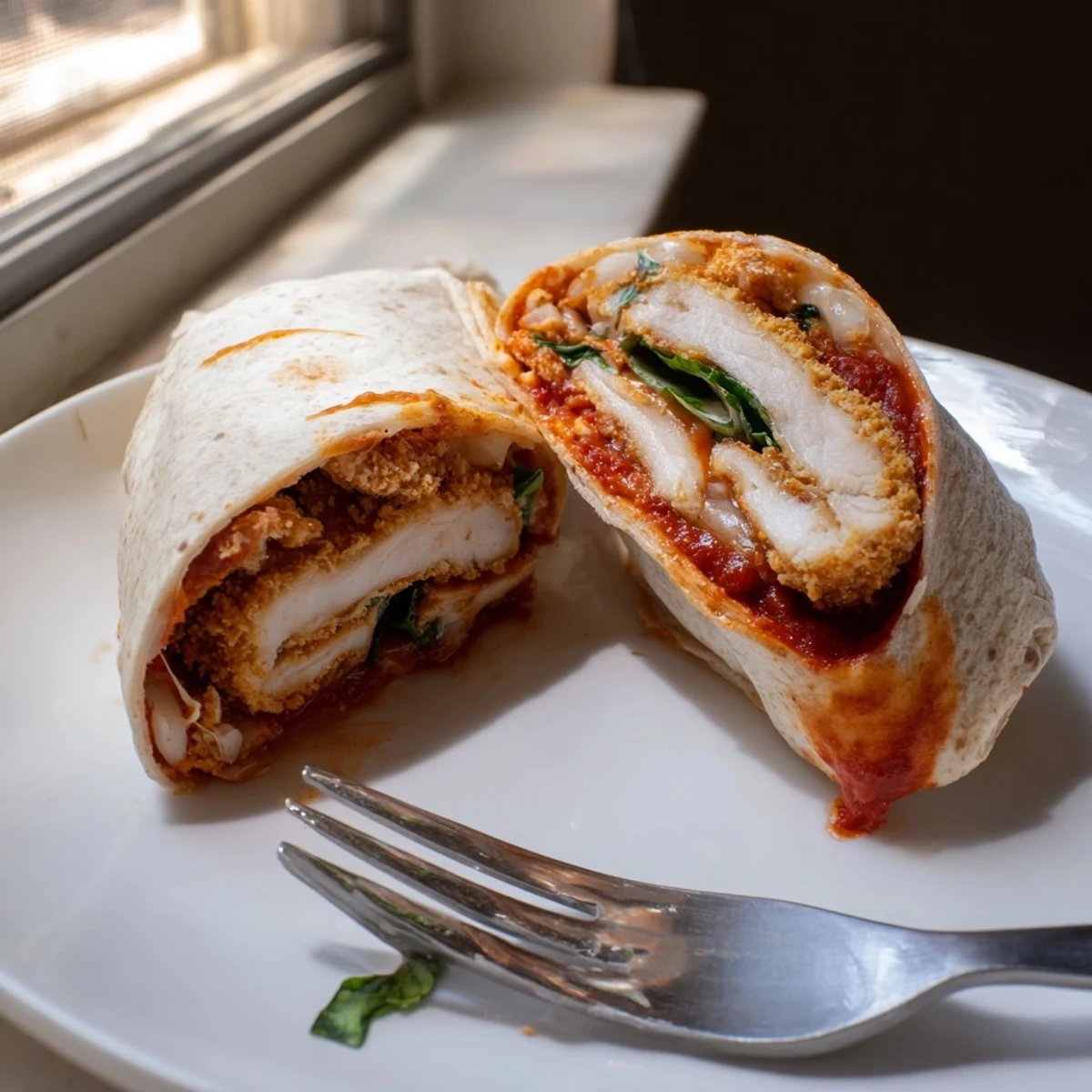 A close-up of a golden fried chicken cutlet topped with bright red marinara sauce and fresh basil inside a tortilla for a Crispy Chicken Parm Wrap.