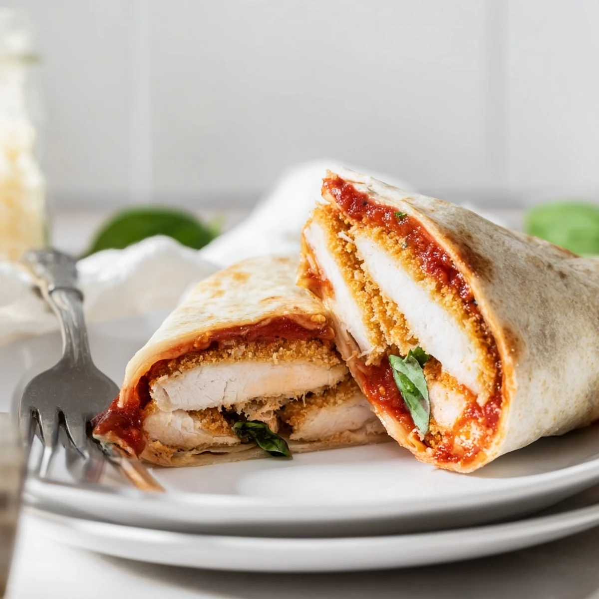 Freshly prepared Crispy Chicken Parm Wrap cut in half, revealing layers of crunchy chicken, gooey melted mozzarella, and vibrant red marinara sauce.
