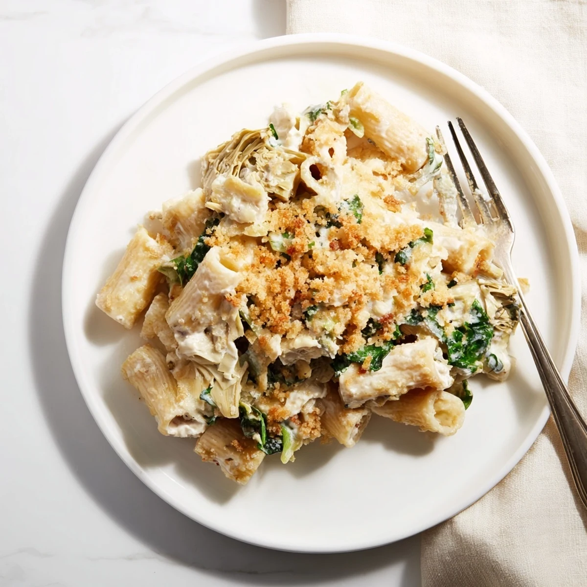 Golden, bubbling Artichoke Pasta Bake fresh from the oven, featuring penne, spinach, and marinated artichoke hearts in a creamy Parmesan sauce.