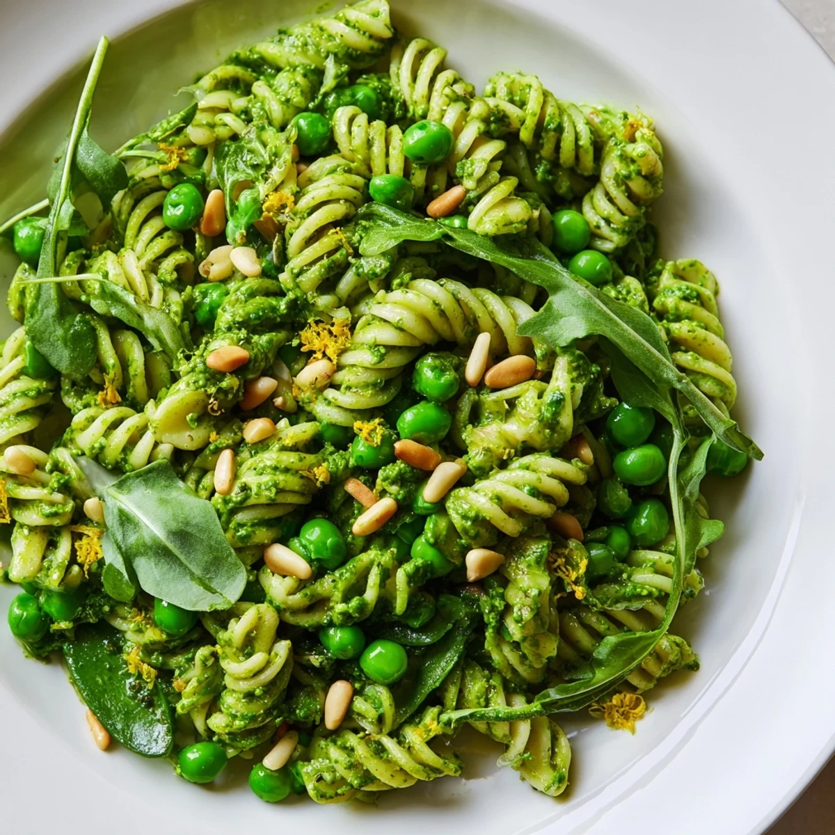 Freshly made Spring Green Pesto Pasta Salad features al dente pasta, crunchy pine nuts, and peppery arugula, beautifully arranged on a rustic wooden table for a vibrant lunch.