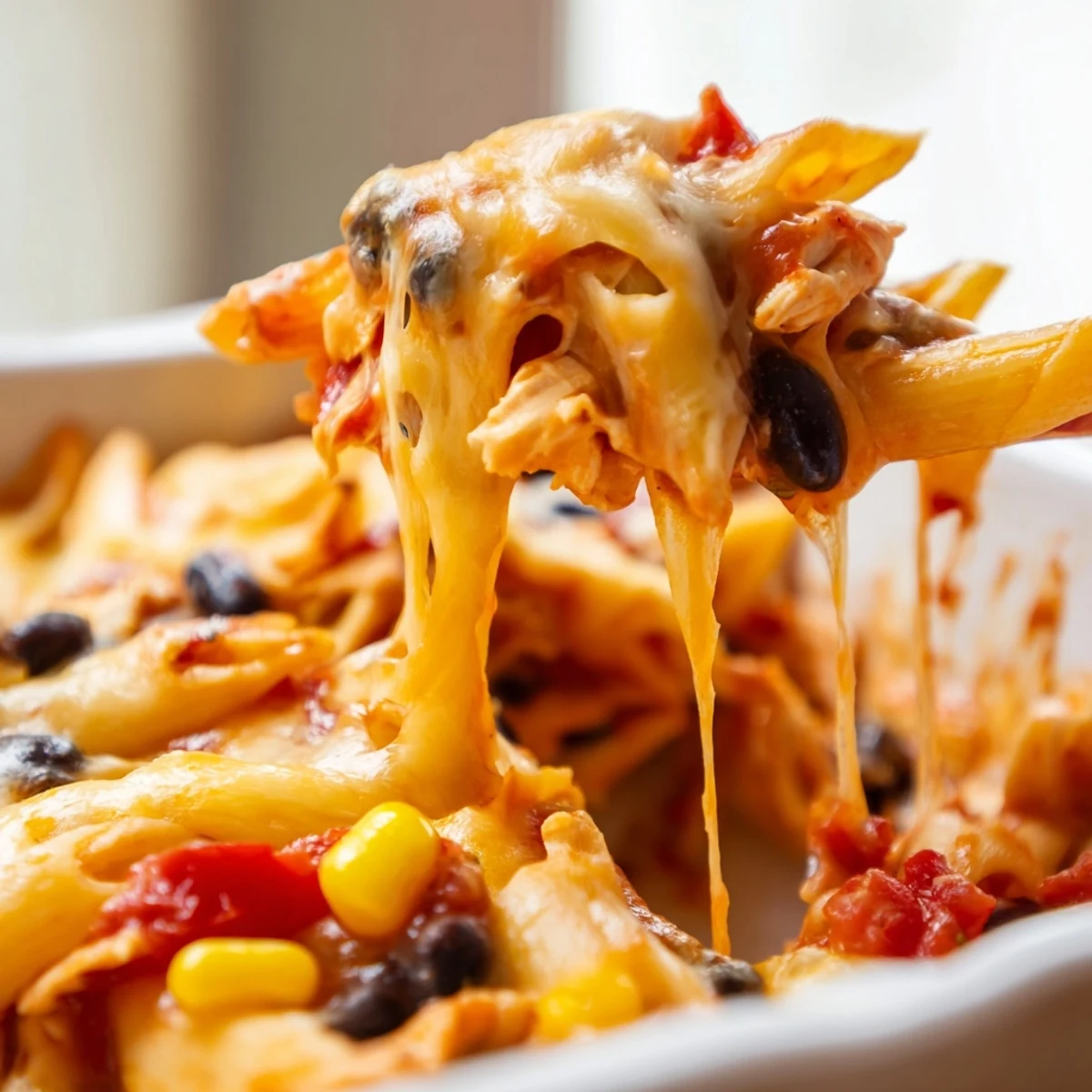 Savory Chicken Burrito Pasta Bake steams from a ceramic dish, garnished with cilantro and lime.  