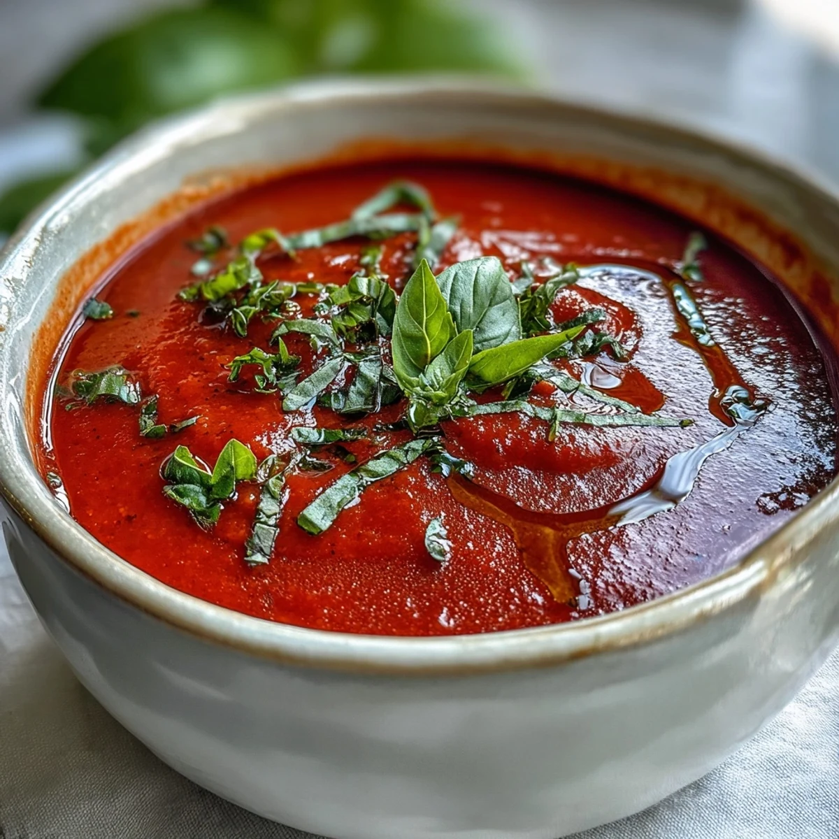 Silky smooth Tomato and Basil Soup served hot in a rustic bowl, steam rising from the rich red blend.