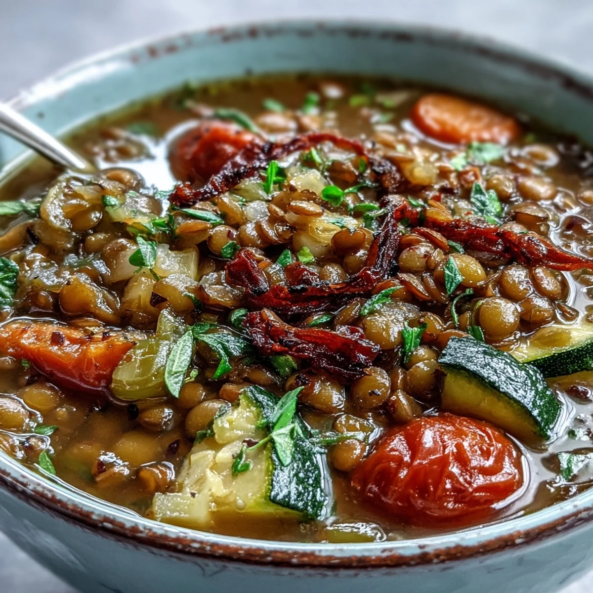 Vibrant, steaming bowl of Lentil and Vegetable Soup, with tender lentils, carrots, and roasted tomatoes in a savory broth. 