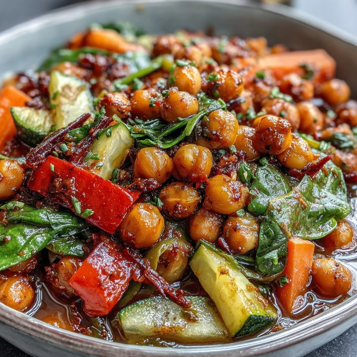 A hearty bowl of Chickpea Stew with tender vegetables and fresh parsley garnish. Served steaming hot, perfect for a wholesome vegan dinner.